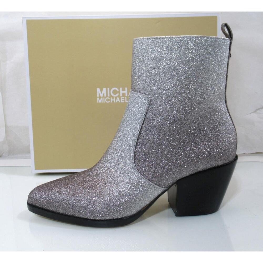 Michael Kors Harlow Bootie Glitter Embellished Boots Silver / Black Size 8 - Picture 2 of 9